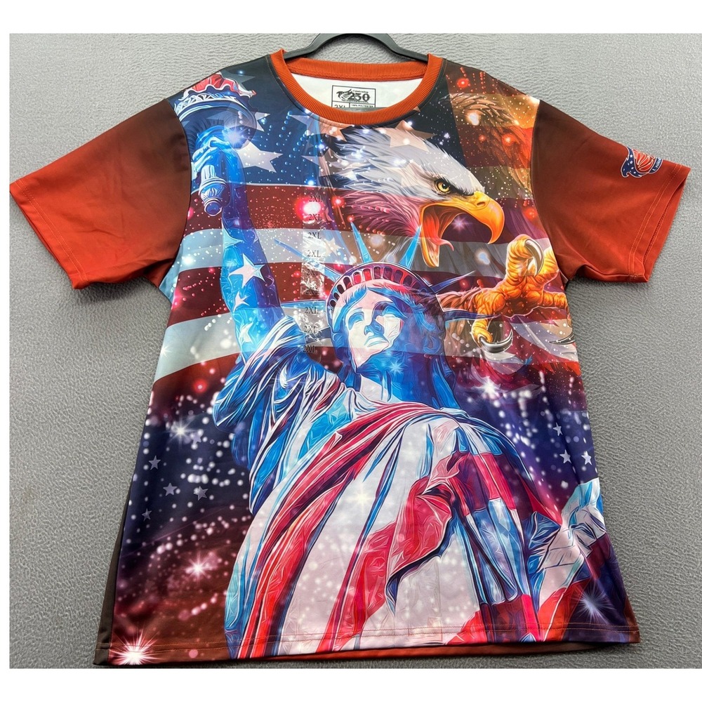 Celebrating 250 Years USA T-Shirt Mens 2XL Statue of Liberty Eagle Flag All Over